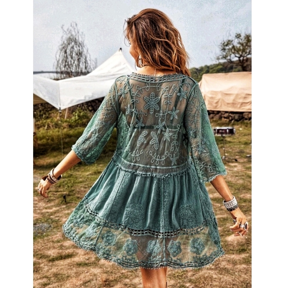 NEW Boho Embroidered Lace Cover Up Tunic Top Dress Sheer Mesh Floral Green